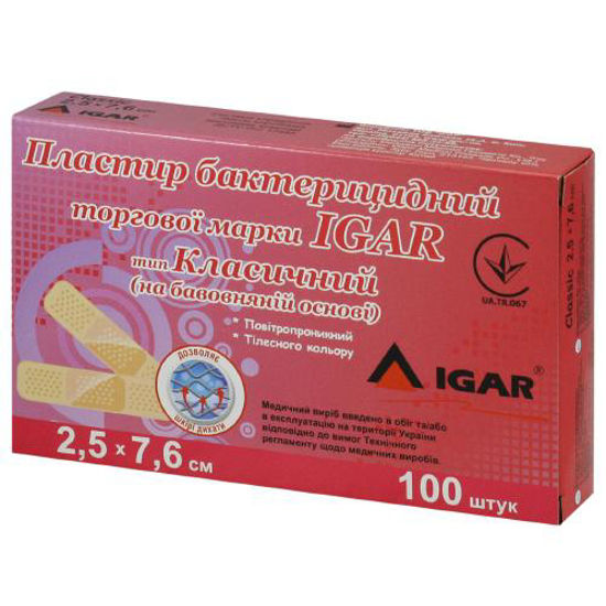 Пластырь бактерицидный Igar (Игар) тип классический на хлопковой основе 2.5 см х 7.6 см №100